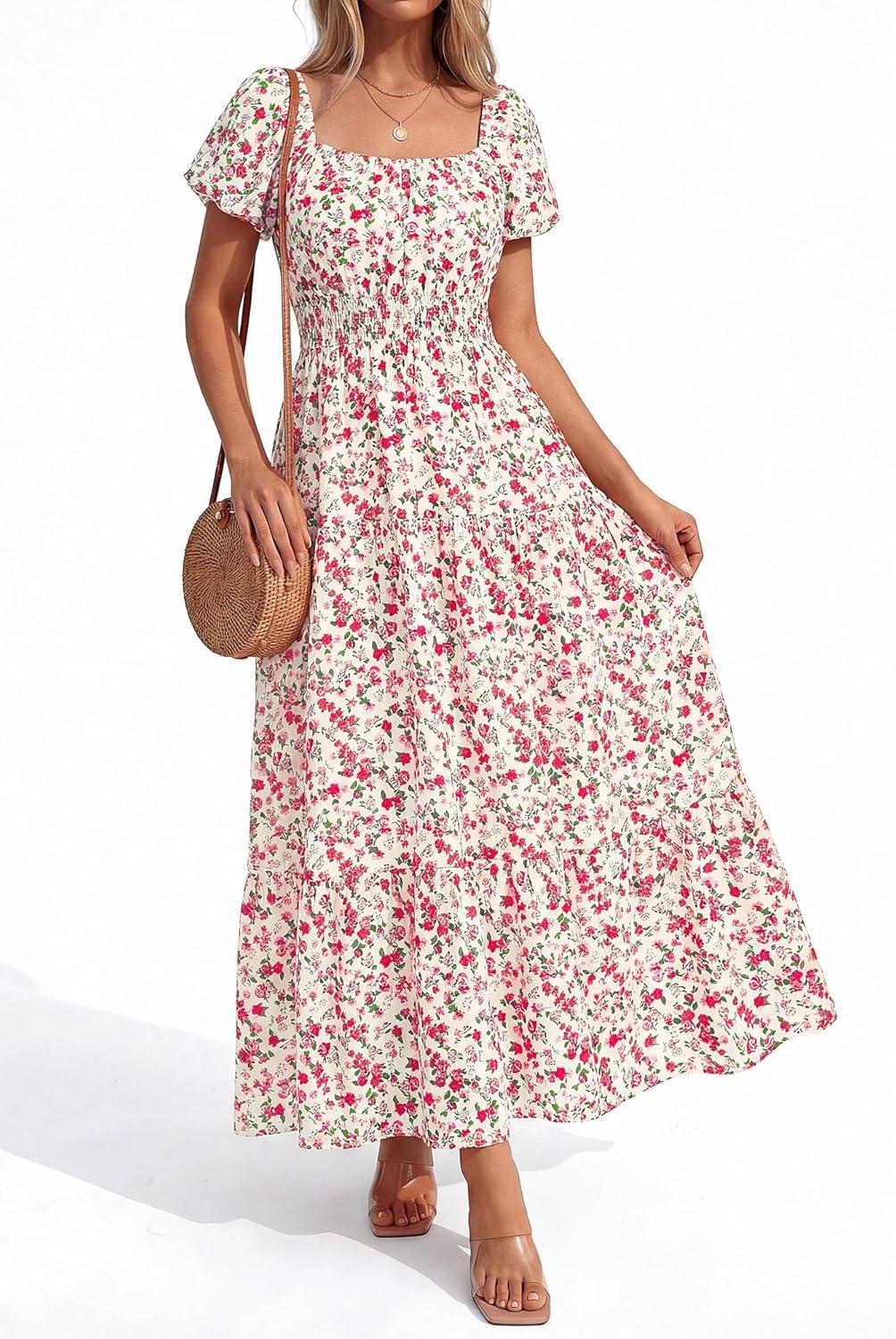 imageBTFBM Summer Dress for Women 2026 Spring Floral Short Sleeve Square Neck Casual Flowy ALine Smocked Tiered Maxi DressesFloral Apricot Red
