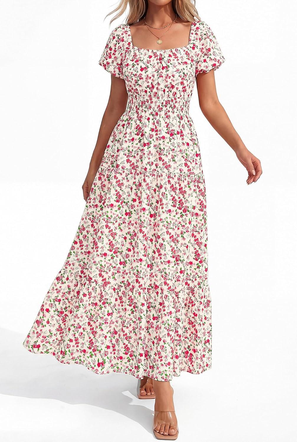 imageBTFBM Summer Dress for Women 2026 Spring Floral Short Sleeve Square Neck Casual Flowy ALine Smocked Tiered Maxi DressesFloral Apricot Red