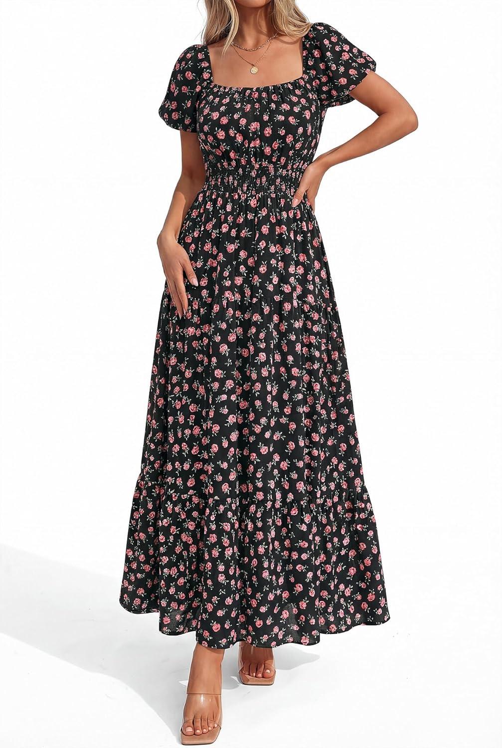 imageBTFBM Summer Dress for Women 2026 Spring Floral Short Sleeve Square Neck Casual Flowy ALine Smocked Tiered Maxi DressesFloral Black Pink