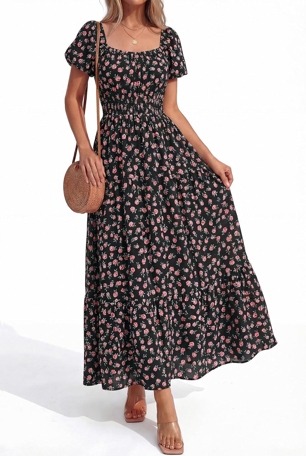 imageBTFBM Summer Dress for Women 2026 Spring Floral Short Sleeve Square Neck Casual Flowy ALine Smocked Tiered Maxi DressesFloral Black Pink