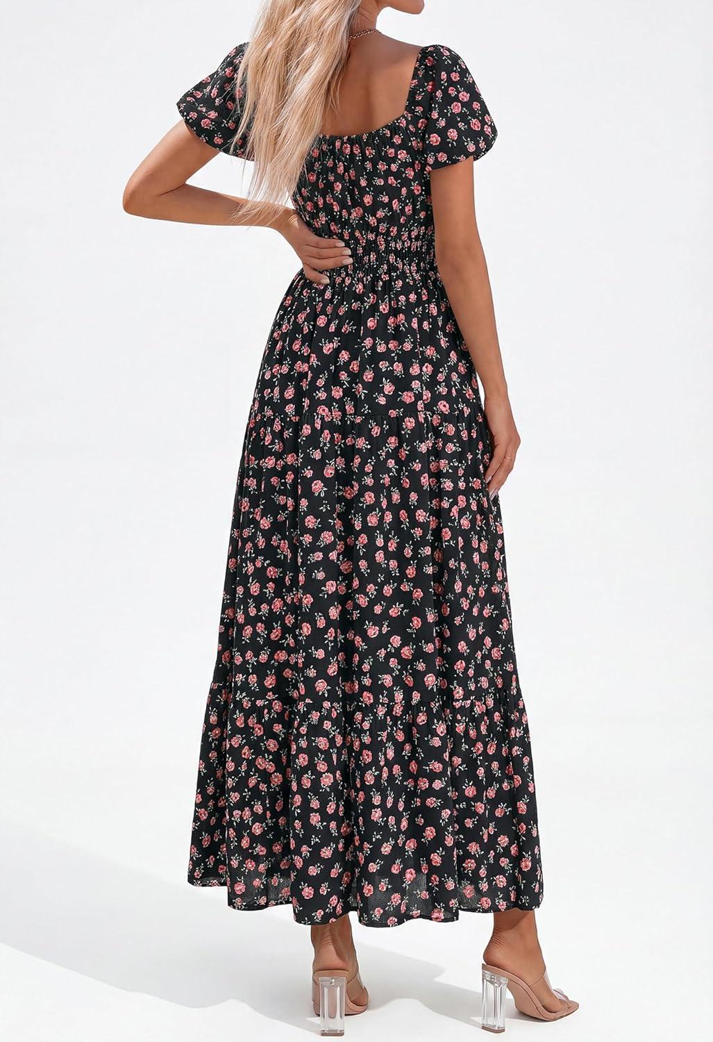 imageBTFBM Summer Dress for Women 2026 Spring Floral Short Sleeve Square Neck Casual Flowy ALine Smocked Tiered Maxi DressesFloral Black Pink