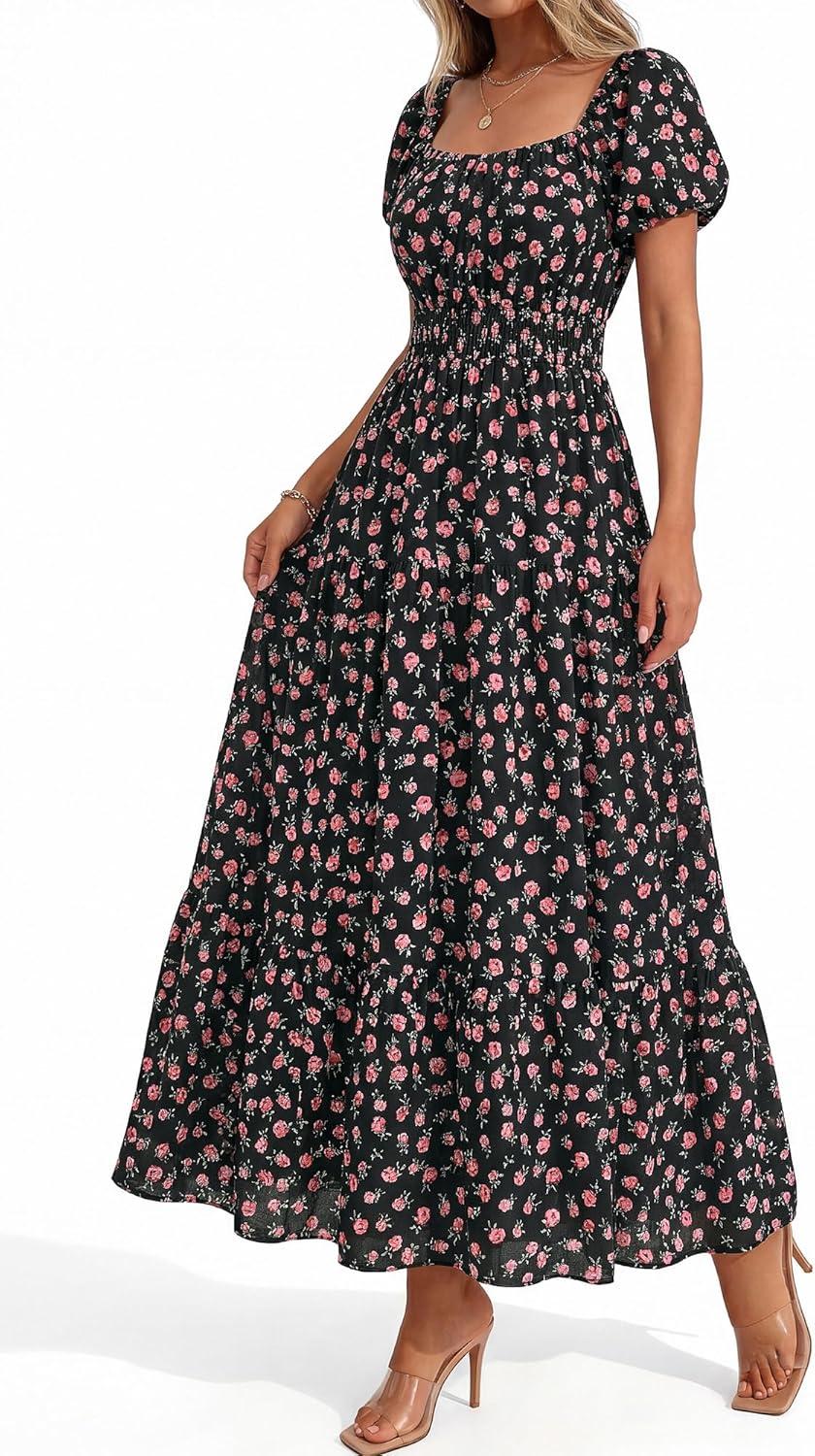 imageBTFBM Summer Dress for Women 2026 Spring Floral Short Sleeve Square Neck Casual Flowy ALine Smocked Tiered Maxi DressesFloral Black Pink
