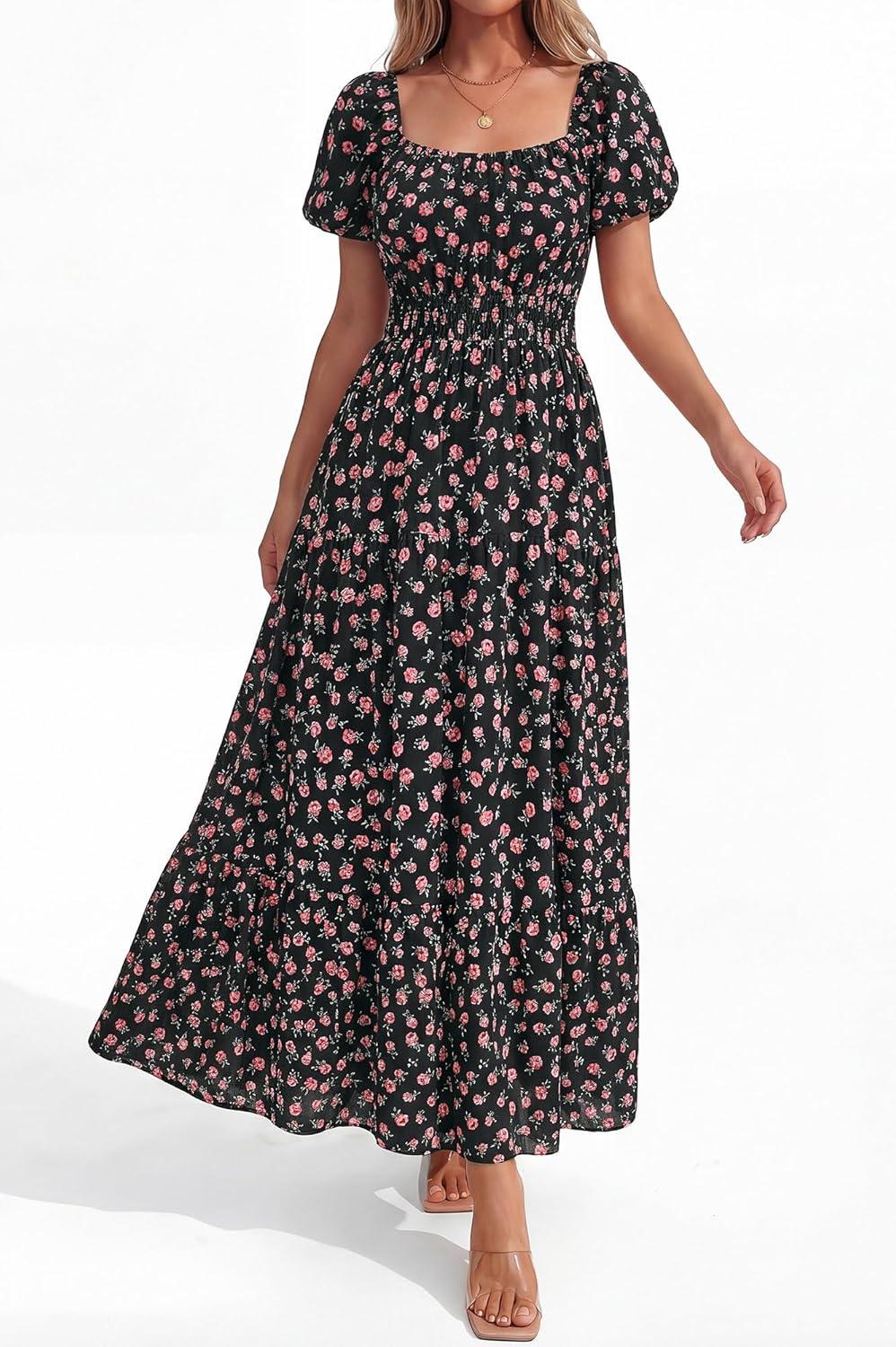 imageBTFBM Summer Dress for Women 2026 Spring Floral Short Sleeve Square Neck Casual Flowy ALine Smocked Tiered Maxi DressesFloral Black Pink