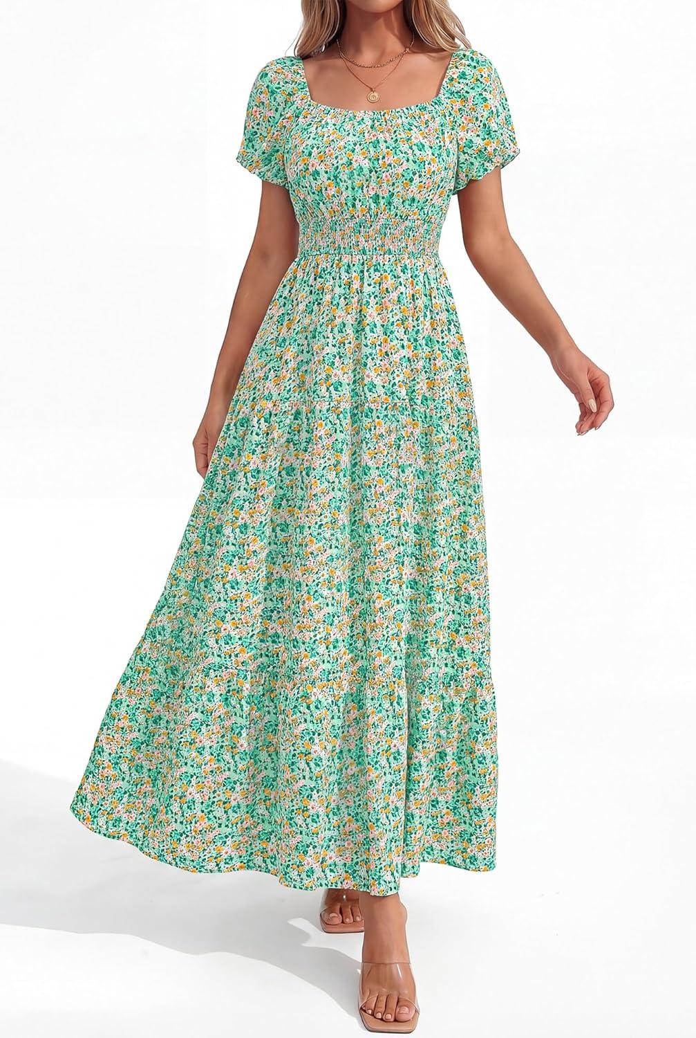 imageBTFBM Summer Dress for Women 2026 Spring Floral Short Sleeve Square Neck Casual Flowy ALine Smocked Tiered Maxi DressesFloral Green