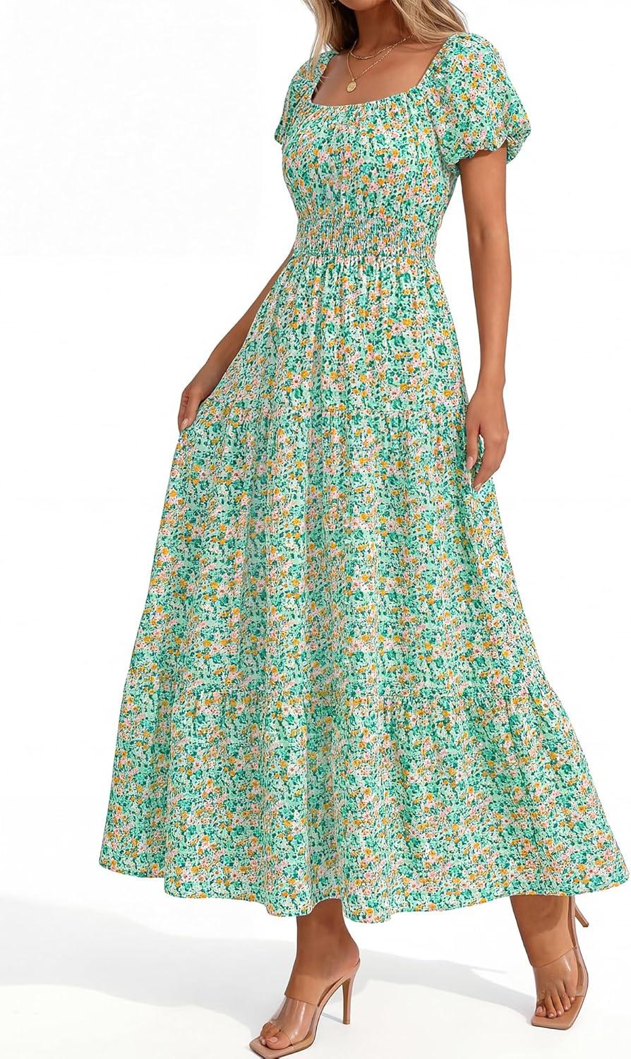 imageBTFBM Summer Dress for Women 2026 Spring Floral Short Sleeve Square Neck Casual Flowy ALine Smocked Tiered Maxi DressesFloral Green
