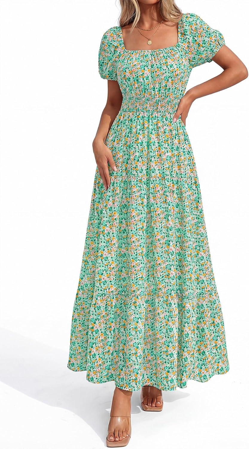 imageBTFBM Summer Dress for Women 2026 Spring Floral Short Sleeve Square Neck Casual Flowy ALine Smocked Tiered Maxi DressesFloral Green