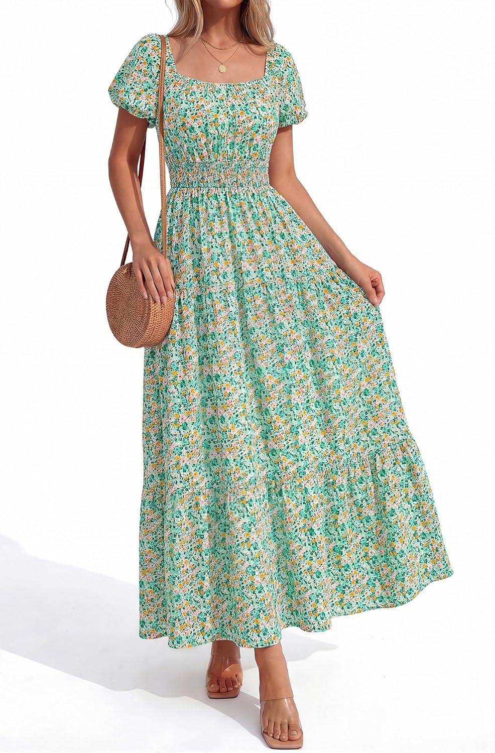 imageBTFBM Summer Dress for Women 2026 Spring Floral Short Sleeve Square Neck Casual Flowy ALine Smocked Tiered Maxi DressesFloral Green