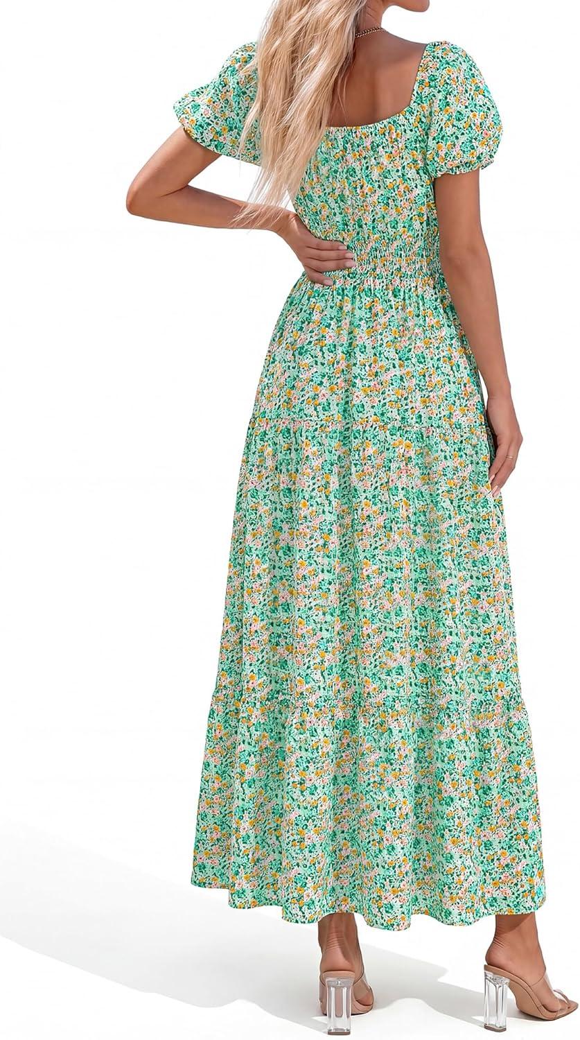 imageBTFBM Summer Dress for Women 2026 Spring Floral Short Sleeve Square Neck Casual Flowy ALine Smocked Tiered Maxi DressesFloral Green
