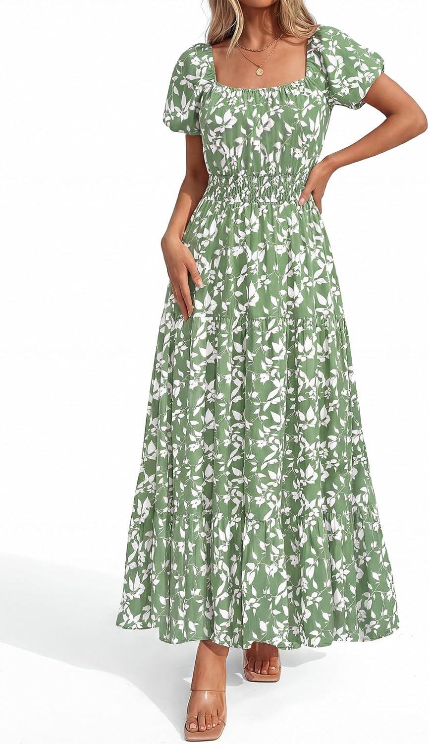 imageBTFBM Summer Dress for Women 2026 Spring Floral Short Sleeve Square Neck Casual Flowy ALine Smocked Tiered Maxi DressesFloral Green White