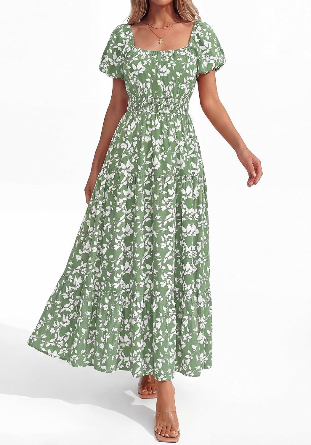 imageBTFBM Summer Dress for Women 2026 Spring Floral Short Sleeve Square Neck Casual Flowy ALine Smocked Tiered Maxi DressesFloral Green White
