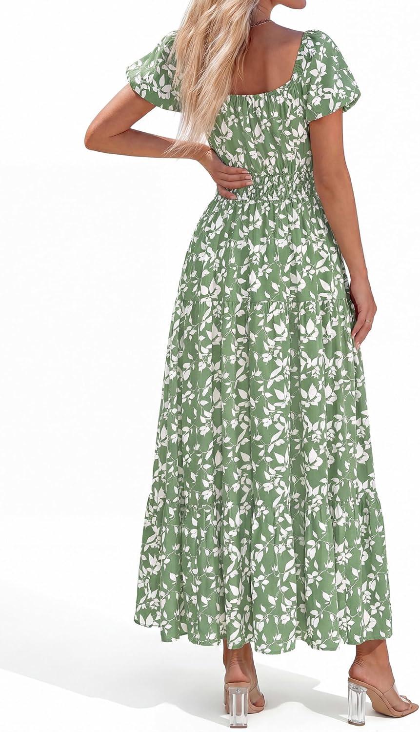 imageBTFBM Summer Dress for Women 2026 Spring Floral Short Sleeve Square Neck Casual Flowy ALine Smocked Tiered Maxi DressesFloral Green White