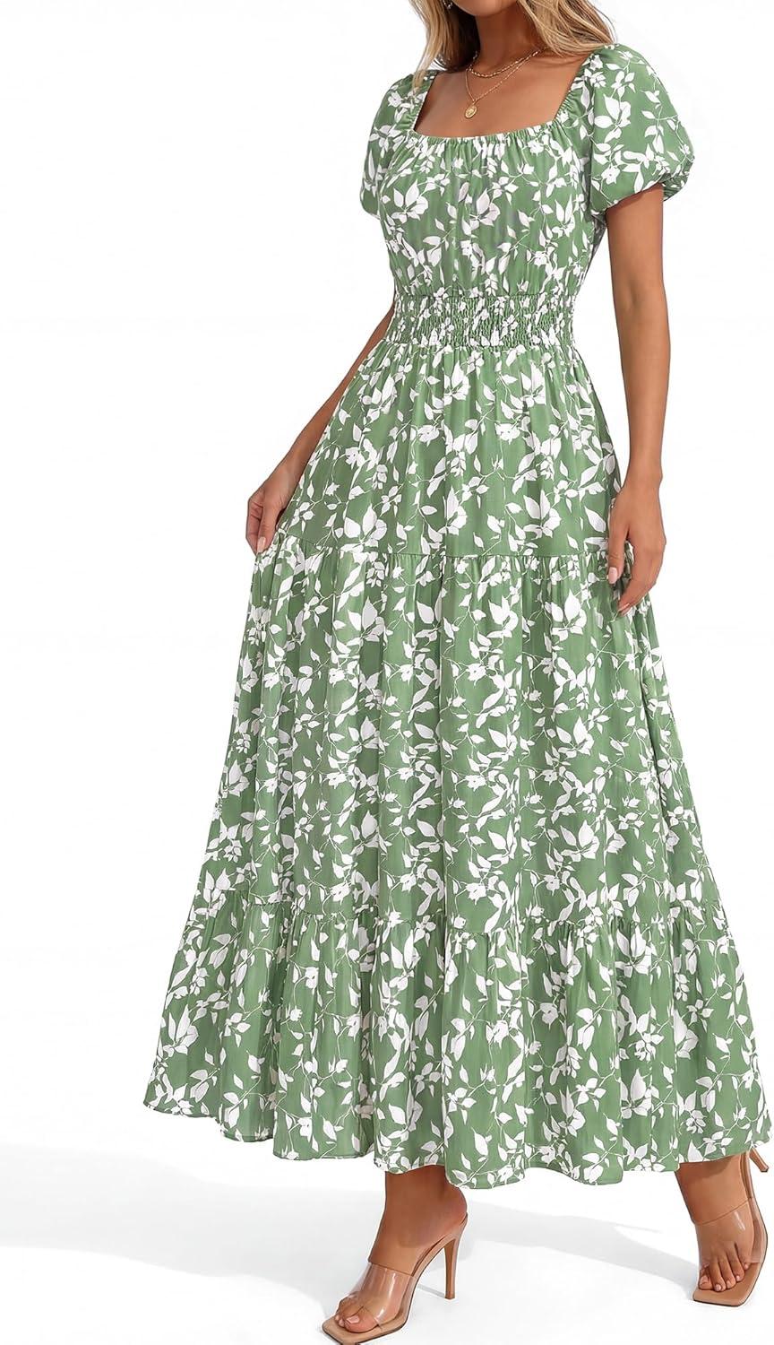 imageBTFBM Summer Dress for Women 2026 Spring Floral Short Sleeve Square Neck Casual Flowy ALine Smocked Tiered Maxi DressesFloral Green White