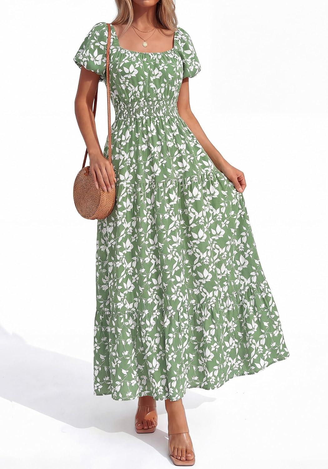 imageBTFBM Summer Dress for Women 2026 Spring Floral Short Sleeve Square Neck Casual Flowy ALine Smocked Tiered Maxi DressesFloral Green White