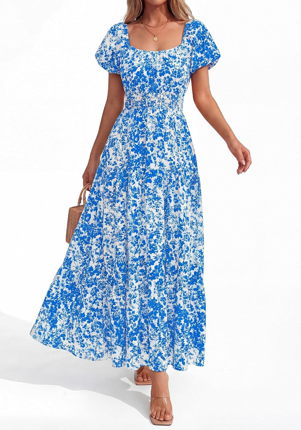imageBTFBM Summer Dress for Women 2026 Spring Floral Short Sleeve Square Neck Casual Flowy ALine Smocked Tiered Maxi DressesLeaf Blue