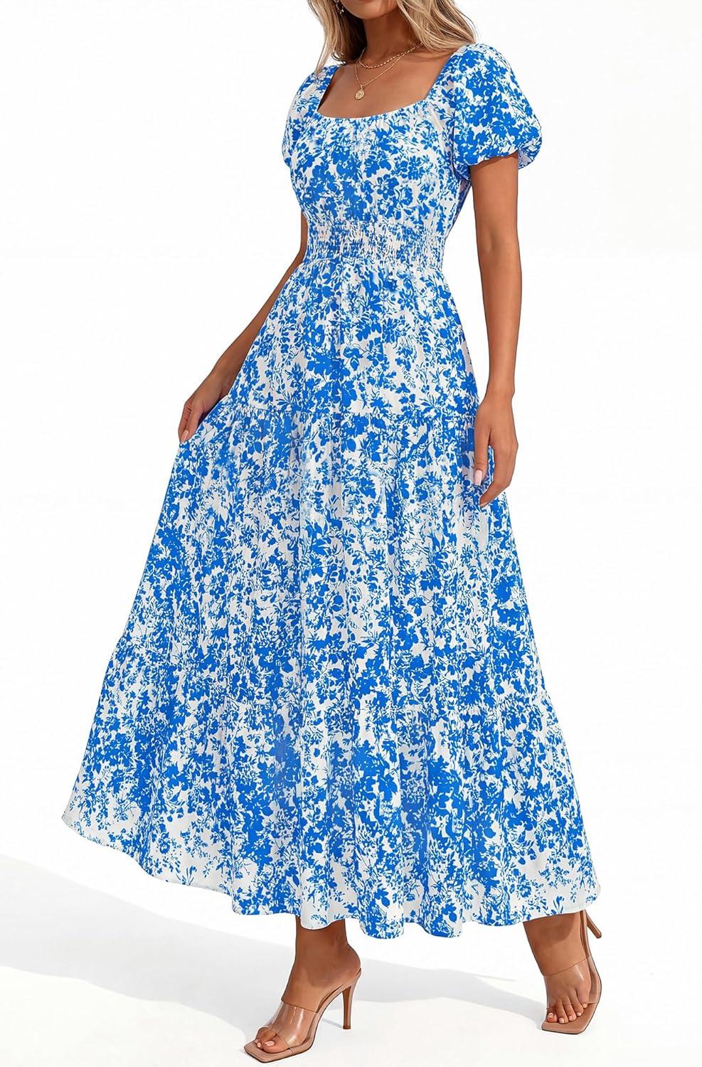 imageBTFBM Summer Dress for Women 2026 Spring Floral Short Sleeve Square Neck Casual Flowy ALine Smocked Tiered Maxi DressesLeaf Blue