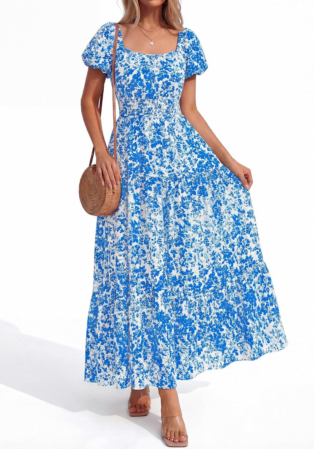 imageBTFBM Summer Dress for Women 2026 Spring Floral Short Sleeve Square Neck Casual Flowy ALine Smocked Tiered Maxi DressesLeaf Blue