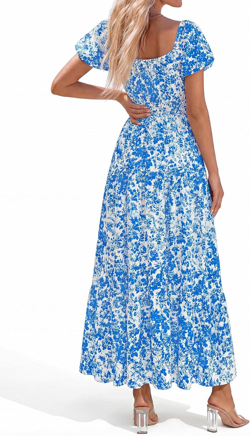 imageBTFBM Summer Dress for Women 2026 Spring Floral Short Sleeve Square Neck Casual Flowy ALine Smocked Tiered Maxi DressesLeaf Blue