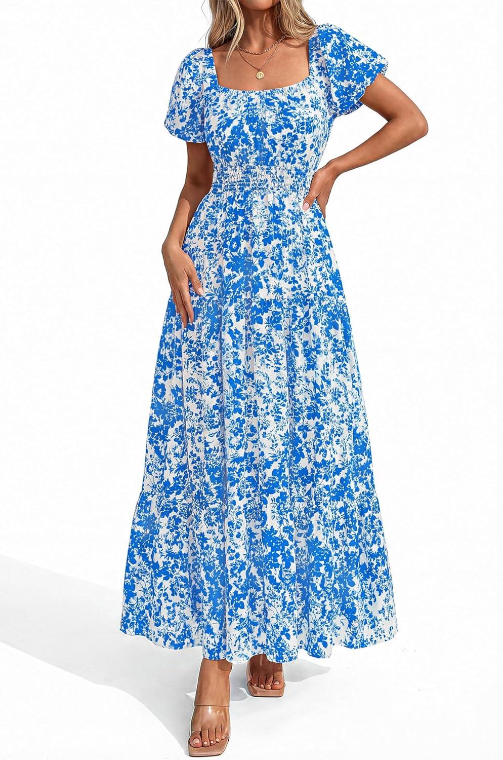 imageBTFBM Summer Dress for Women 2026 Spring Floral Short Sleeve Square Neck Casual Flowy ALine Smocked Tiered Maxi DressesLeaf Blue