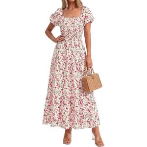 BTFBM Summer Dress for Women 2026 Spring Floral Short Sleeve Square Neck Casual Flowy A-Line Smocked Tiered Maxi Dresses(Floral Apricot Red)