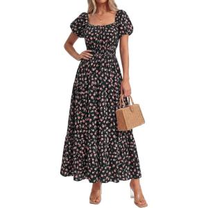 BTFBM Summer Dress for Women 2026 Spring Floral Short Sleeve Square Neck Casual Flowy A-Line Smocked Tiered Maxi Dresses(Floral Black Pink)