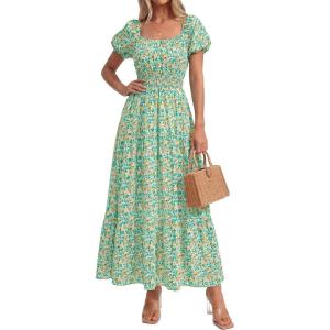 BTFBM Summer Dress for Women 2026 Spring Floral Short Sleeve Square Neck Casual Flowy A-Line Smocked Tiered Maxi Dresses(Floral Green)