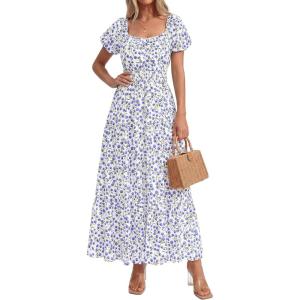 BTFBM Summer Dress for Women 2026 Spring Floral Short Sleeve Square Neck Casual Flowy A-Line Smocked Tiered Maxi Dresses(Floral White Blue)