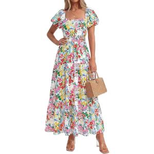 BTFBM Summer Dress for Women 2026 Spring Floral Short Sleeve Square Neck Casual Flowy A-Line Smocked Tiered Maxi Dresses(Floral White Multicolor)