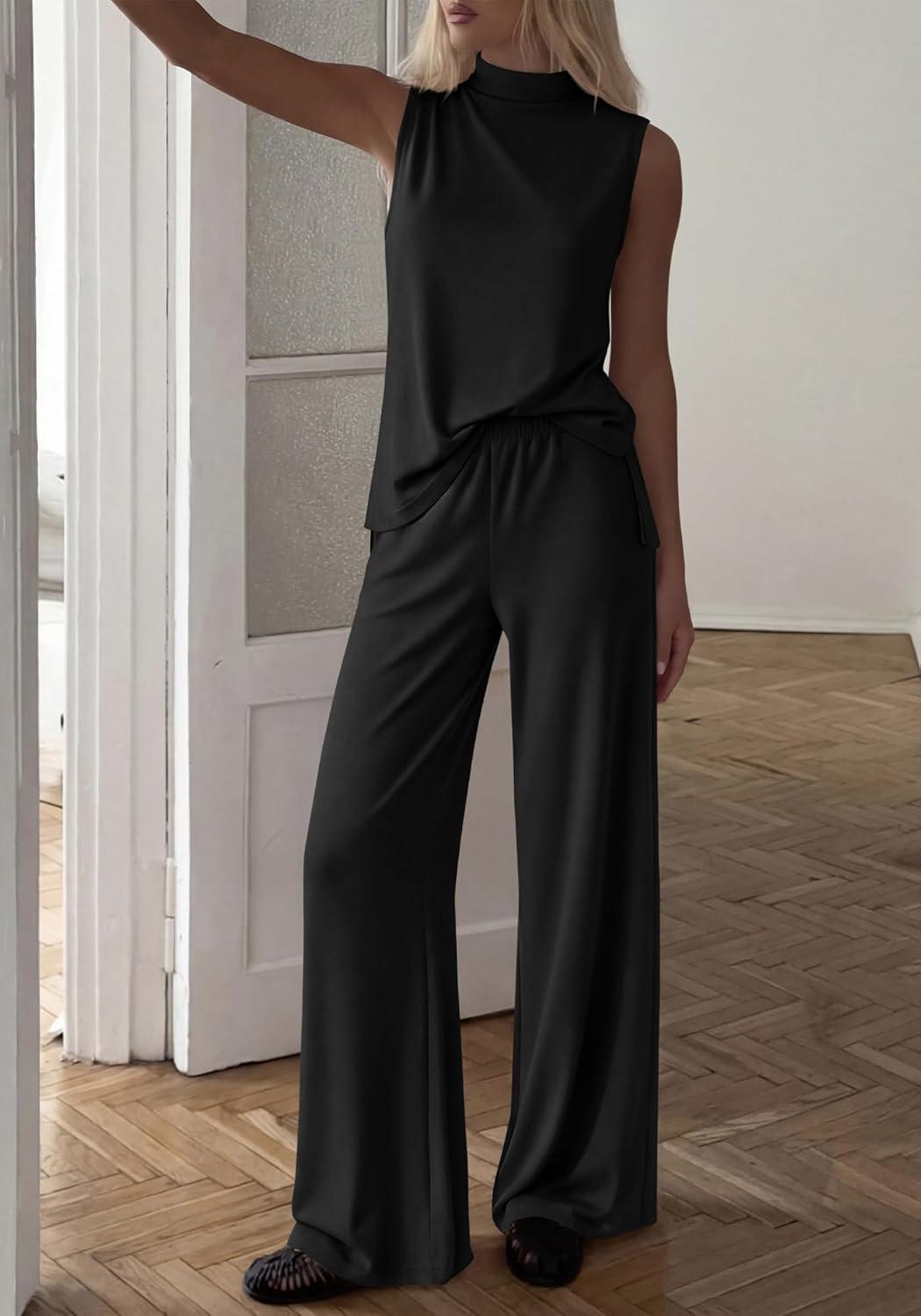 imageBTFBM Summer 2 Piece Lounge Sets For Women Sleeveless Mock Neck Top Wide Leg Pants Spring Vacation Airport Travel OutfitsBlack