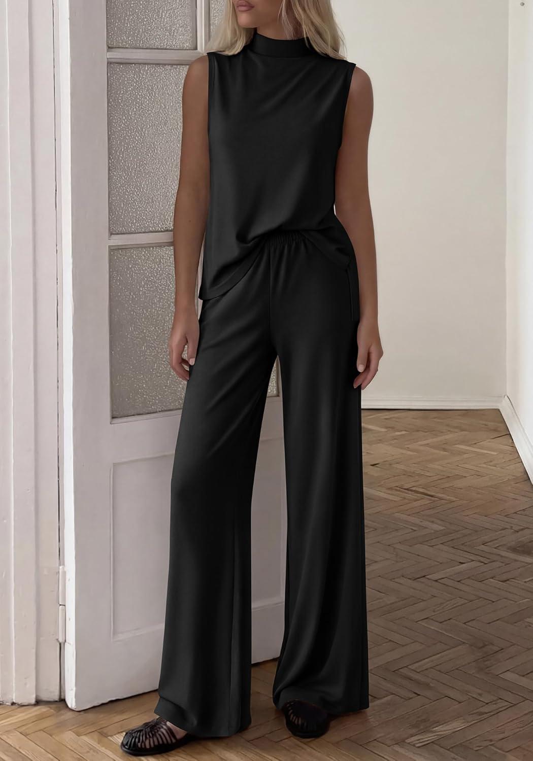 imageBTFBM Summer 2 Piece Lounge Sets For Women Sleeveless Mock Neck Top Wide Leg Pants Spring Vacation Airport Travel OutfitsBlack