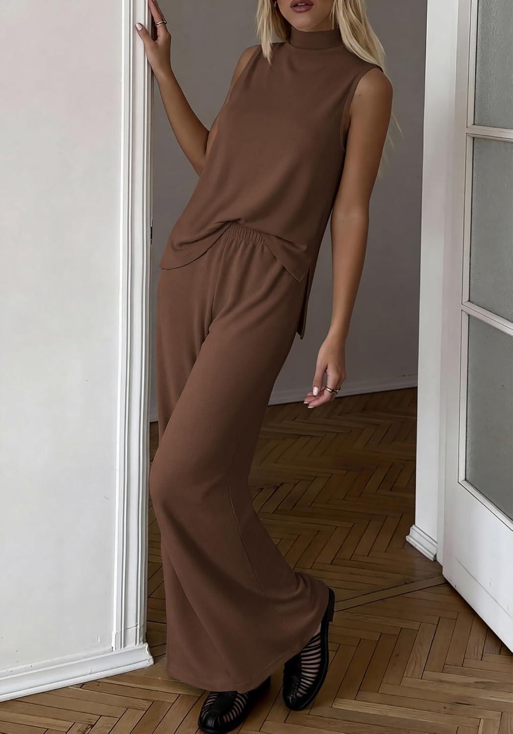 imageBTFBM Summer 2 Piece Lounge Sets For Women Sleeveless Mock Neck Top Wide Leg Pants Spring Vacation Airport Travel OutfitsBrown