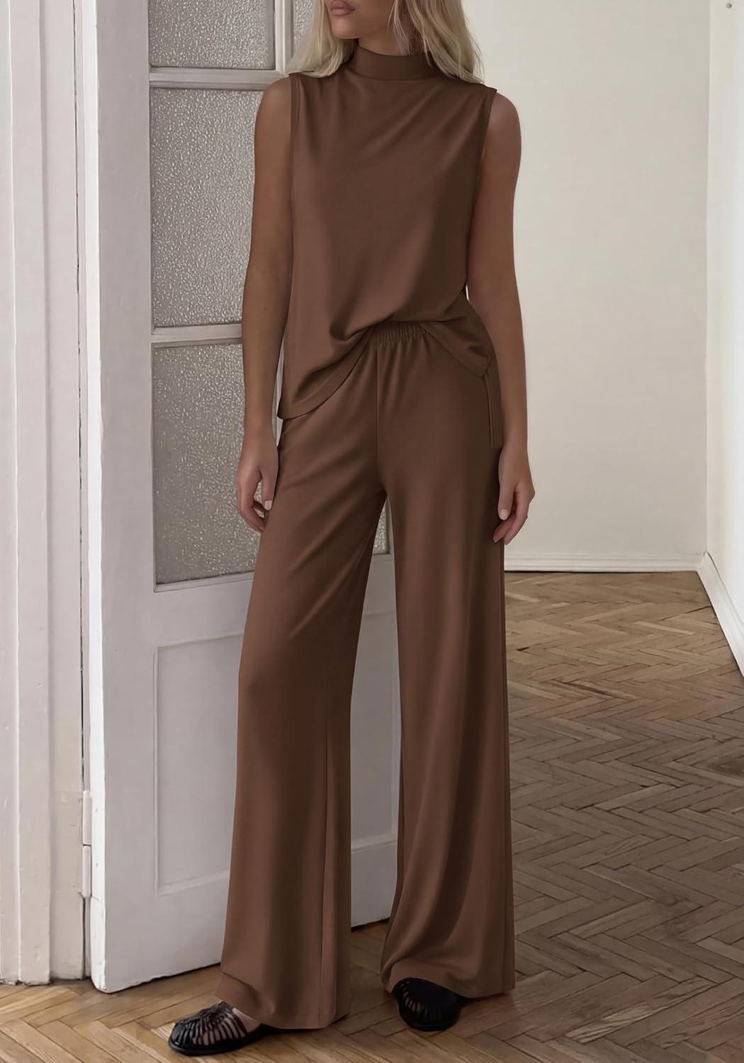 imageBTFBM Summer 2 Piece Lounge Sets For Women Sleeveless Mock Neck Top Wide Leg Pants Spring Vacation Airport Travel OutfitsBrown