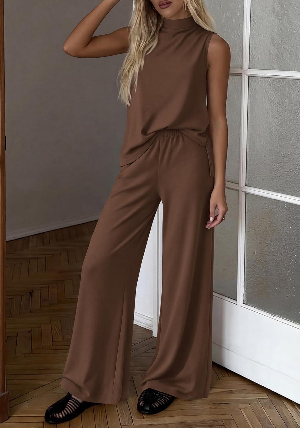 imageBTFBM Summer 2 Piece Lounge Sets For Women Sleeveless Mock Neck Top Wide Leg Pants Spring Vacation Airport Travel OutfitsBrown