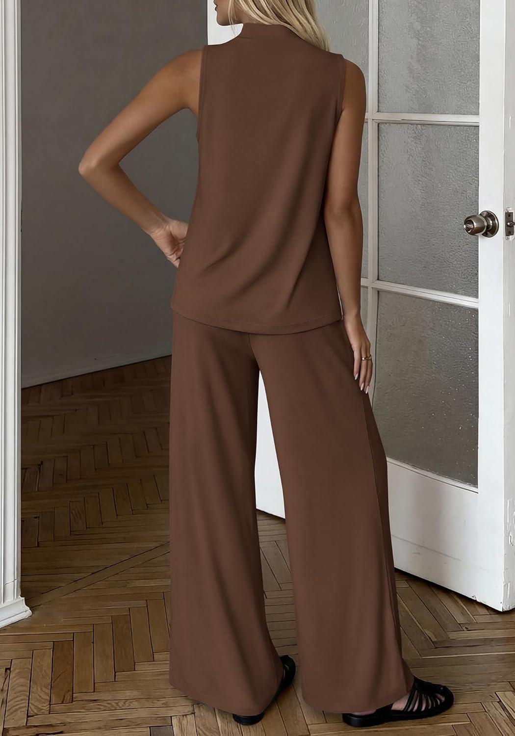 imageBTFBM Summer 2 Piece Lounge Sets For Women Sleeveless Mock Neck Top Wide Leg Pants Spring Vacation Airport Travel OutfitsBrown