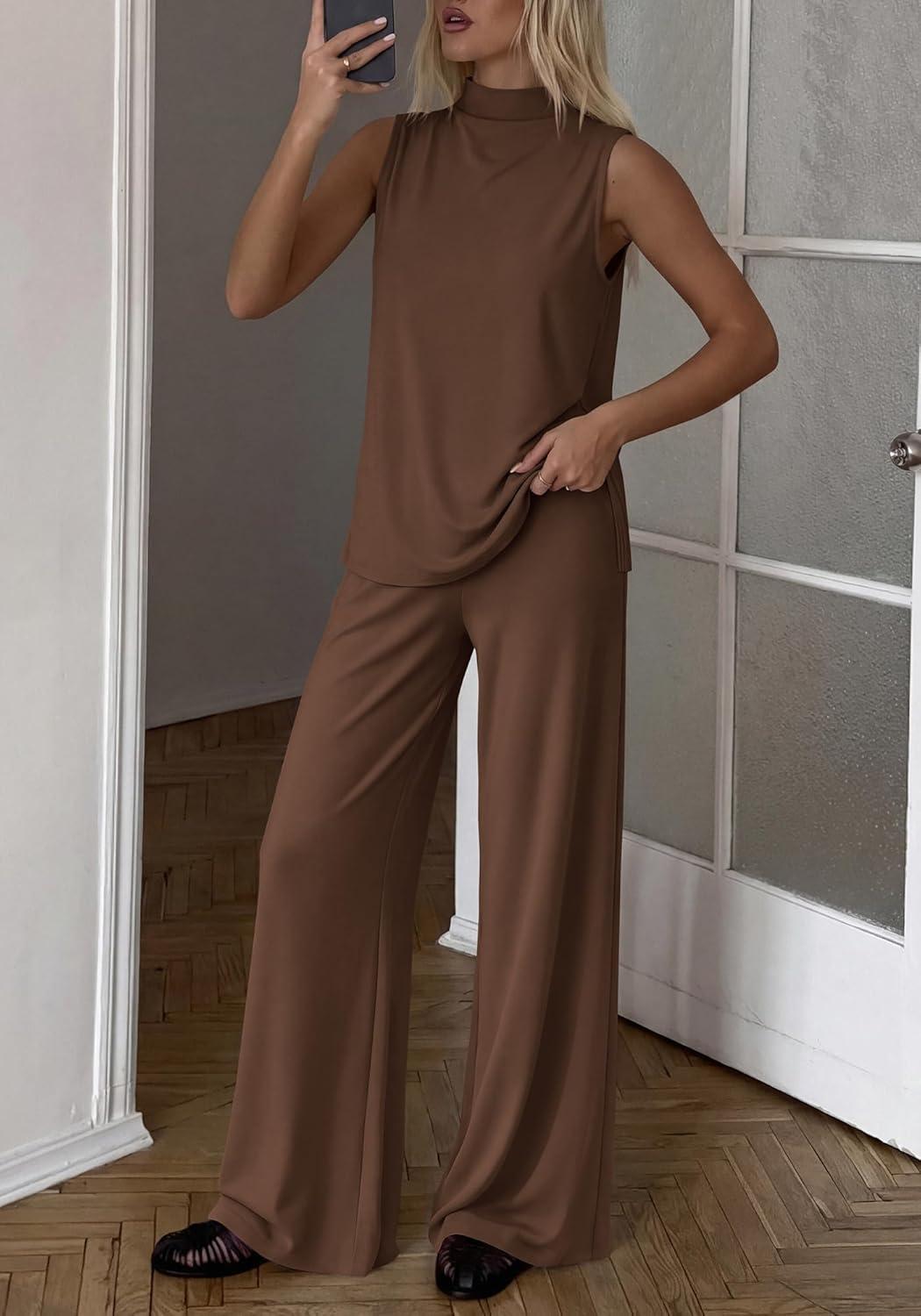 imageBTFBM Summer 2 Piece Lounge Sets For Women Sleeveless Mock Neck Top Wide Leg Pants Spring Vacation Airport Travel OutfitsBrown