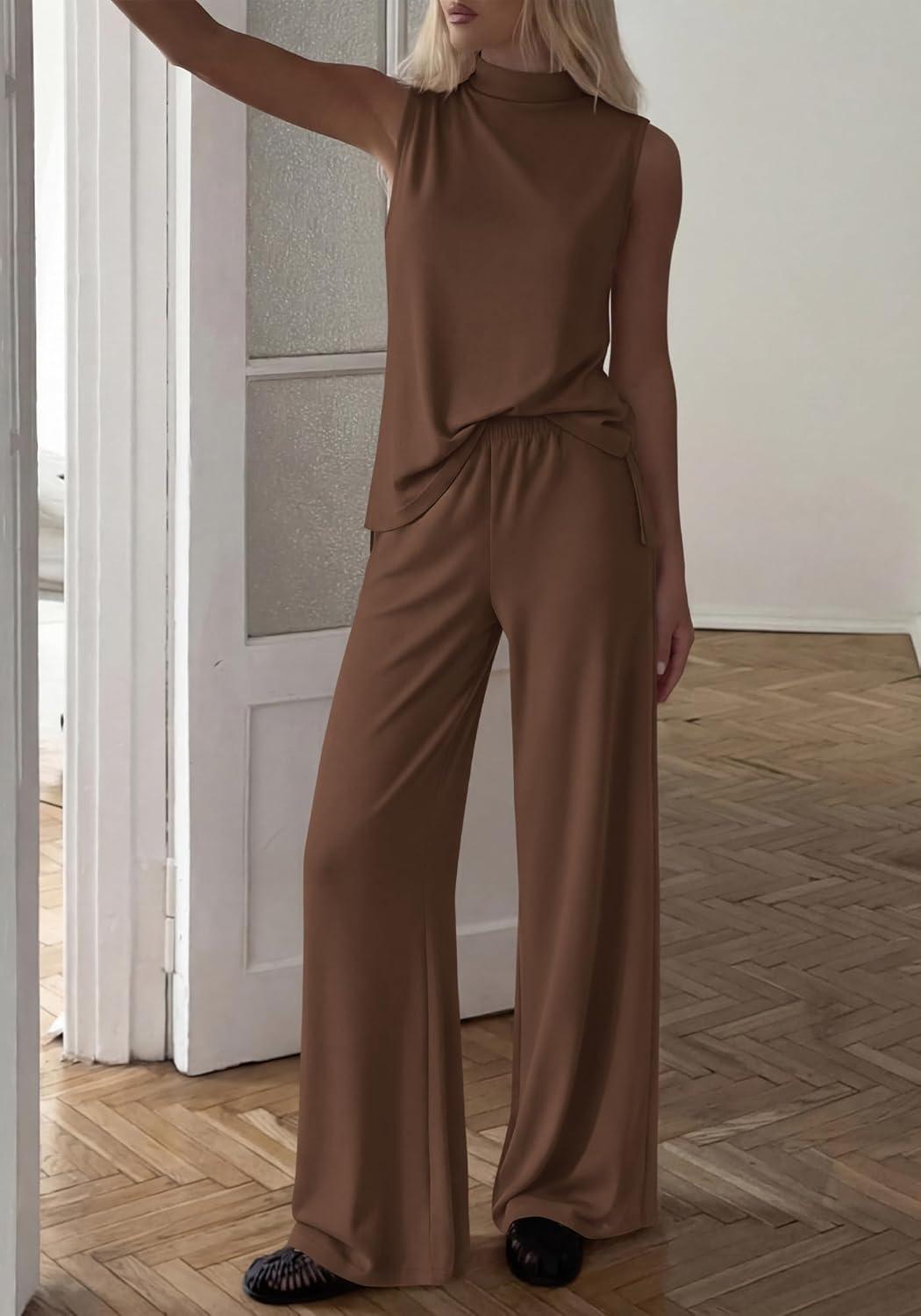 imageBTFBM Summer 2 Piece Lounge Sets For Women Sleeveless Mock Neck Top Wide Leg Pants Spring Vacation Airport Travel OutfitsBrown