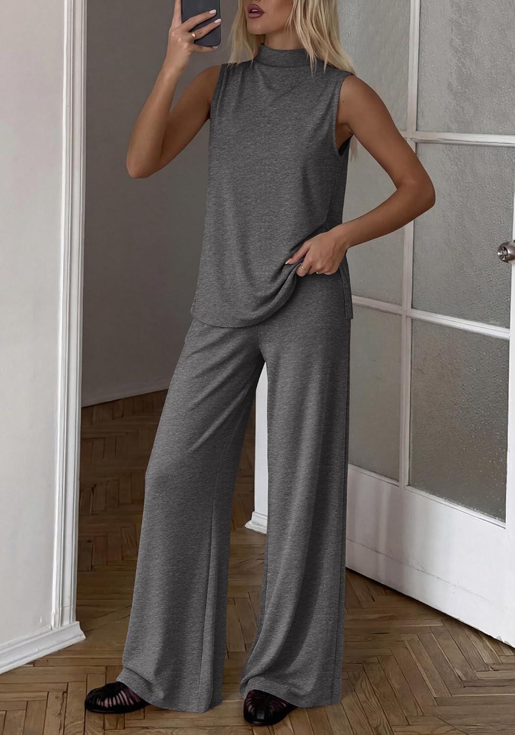 imageBTFBM Summer 2 Piece Lounge Sets For Women Sleeveless Mock Neck Top Wide Leg Pants Spring Vacation Airport Travel OutfitsDark Grey
