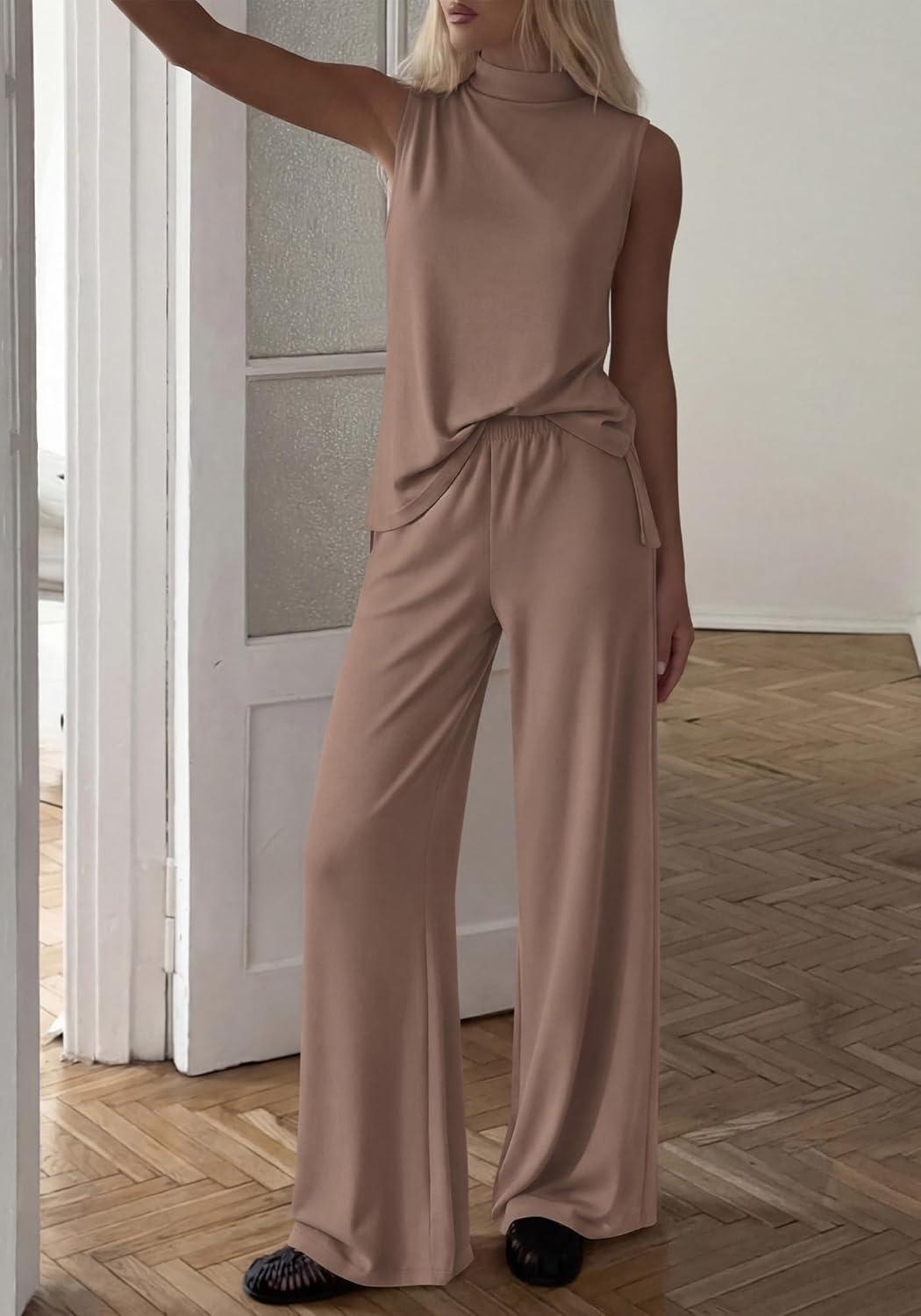 imageBTFBM Summer 2 Piece Lounge Sets For Women Sleeveless Mock Neck Top Wide Leg Pants Spring Vacation Airport Travel OutfitsKhaki