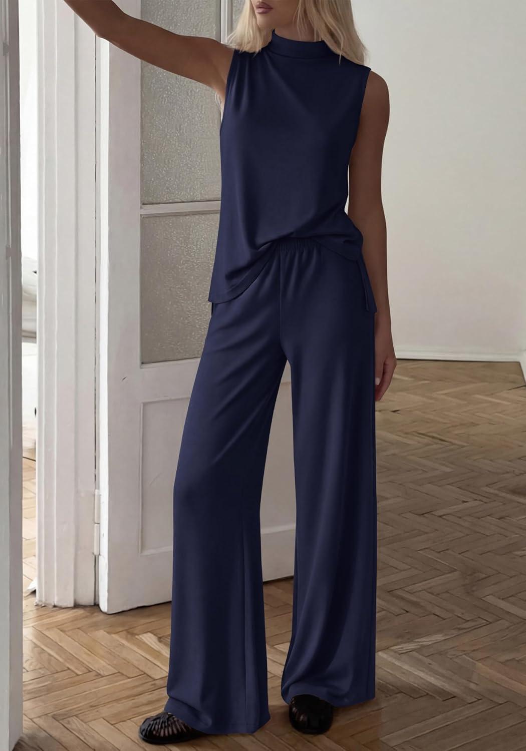 imageBTFBM Summer 2 Piece Lounge Sets For Women Sleeveless Mock Neck Top Wide Leg Pants Spring Vacation Airport Travel OutfitsNavy Blue