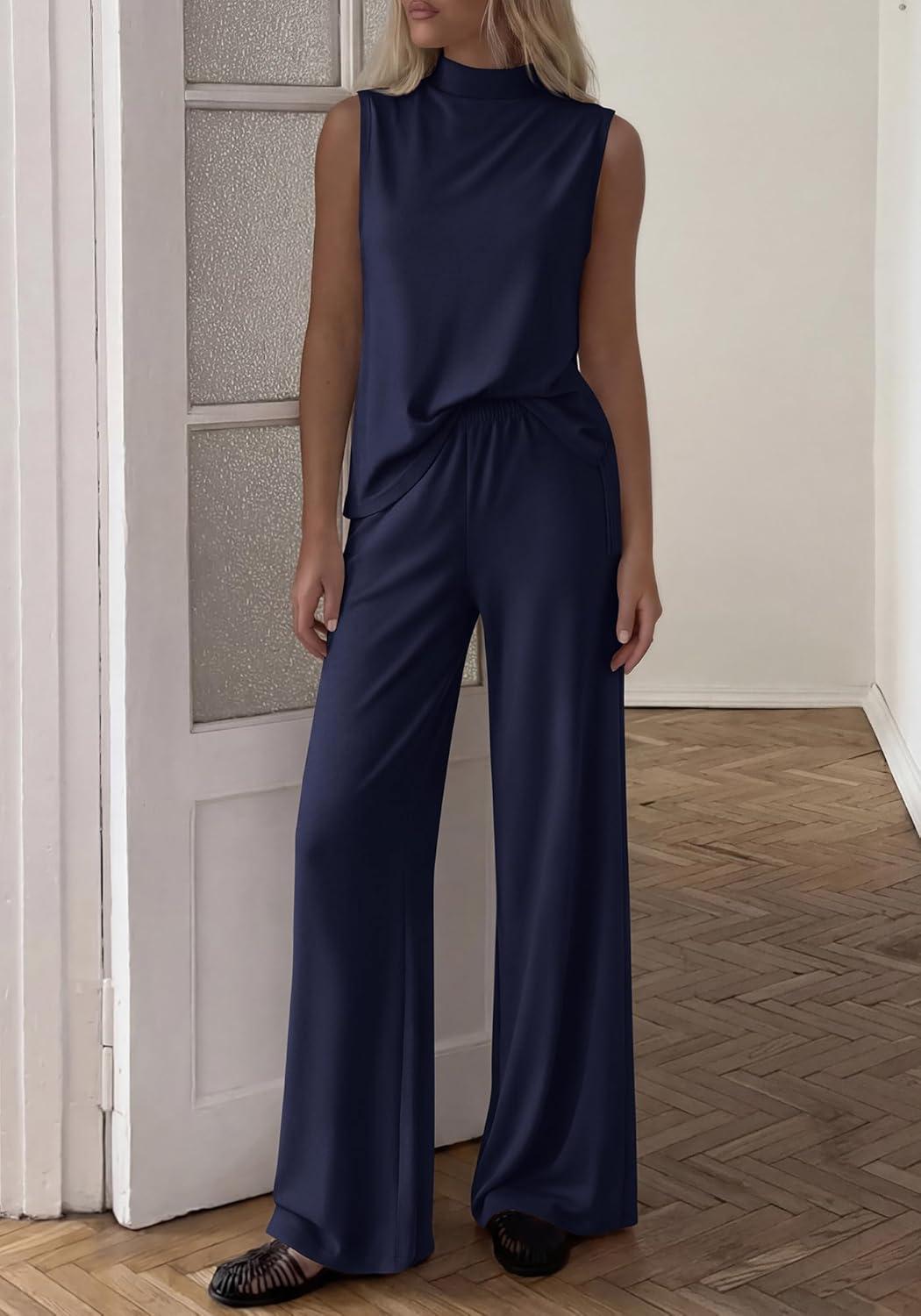 imageBTFBM Summer 2 Piece Lounge Sets For Women Sleeveless Mock Neck Top Wide Leg Pants Spring Vacation Airport Travel OutfitsNavy Blue
