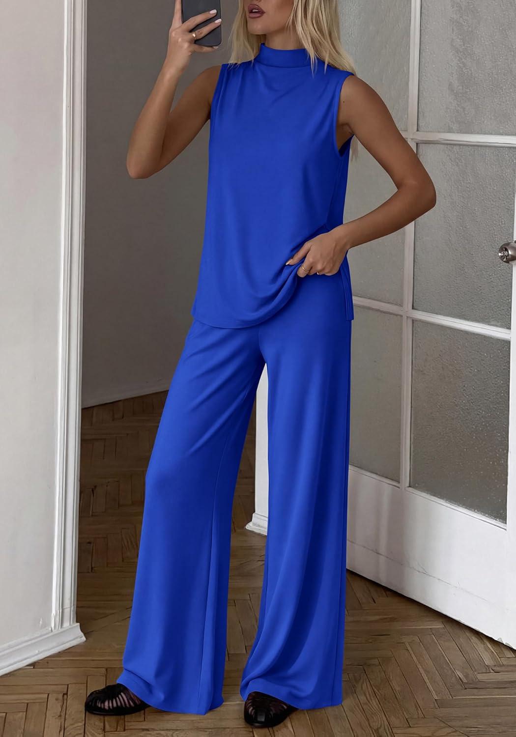 imageBTFBM Summer 2 Piece Lounge Sets For Women Sleeveless Mock Neck Top Wide Leg Pants Spring Vacation Airport Travel OutfitsRoyal Blue