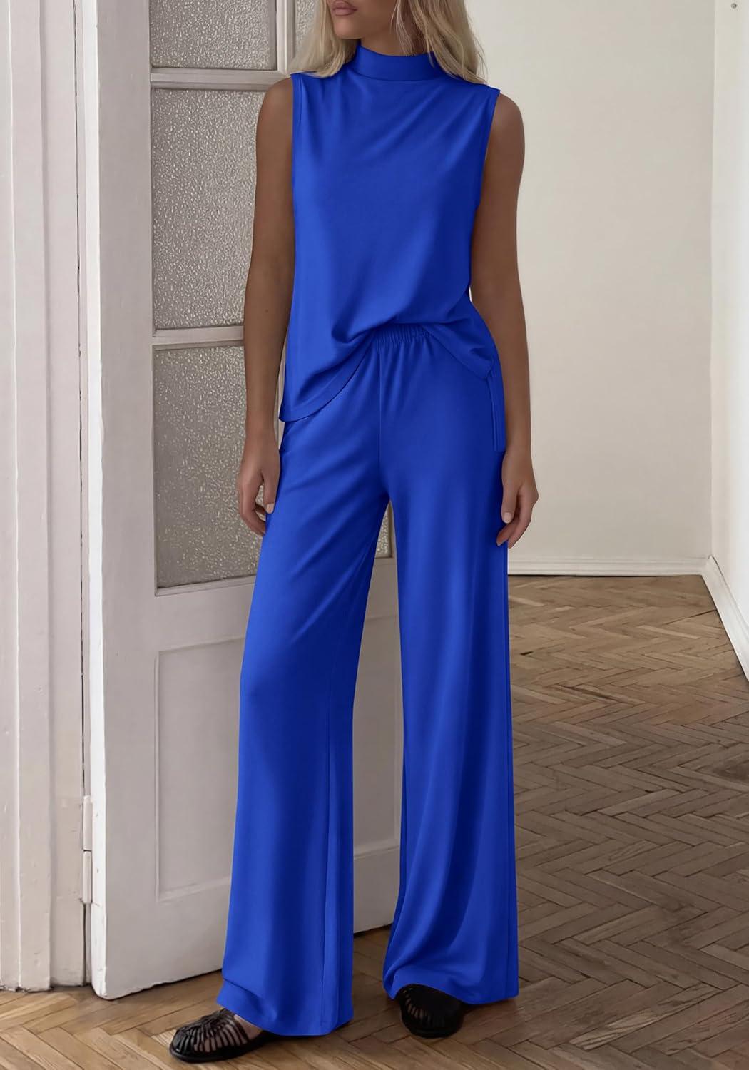 imageBTFBM Summer 2 Piece Lounge Sets For Women Sleeveless Mock Neck Top Wide Leg Pants Spring Vacation Airport Travel OutfitsRoyal Blue