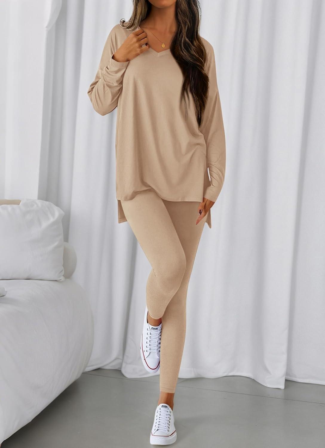 imageBTFBM Two Piece Sets for Women 2026 Casual Lounge Set Matching Oversized Shirts Leggings Workout Airport Travel OutfitsApricot