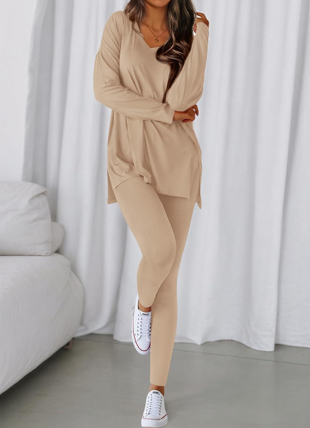 imageBTFBM Two Piece Sets for Women 2026 Casual Lounge Set Matching Oversized Shirts Leggings Workout Airport Travel OutfitsApricot