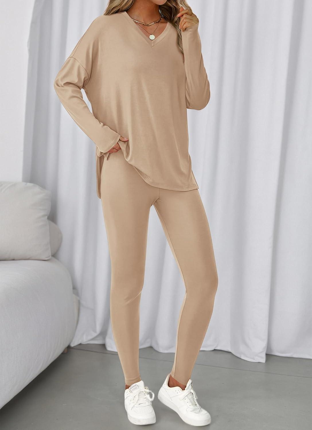 imageBTFBM Two Piece Sets for Women 2026 Casual Lounge Set Matching Oversized Shirts Leggings Workout Airport Travel OutfitsApricot