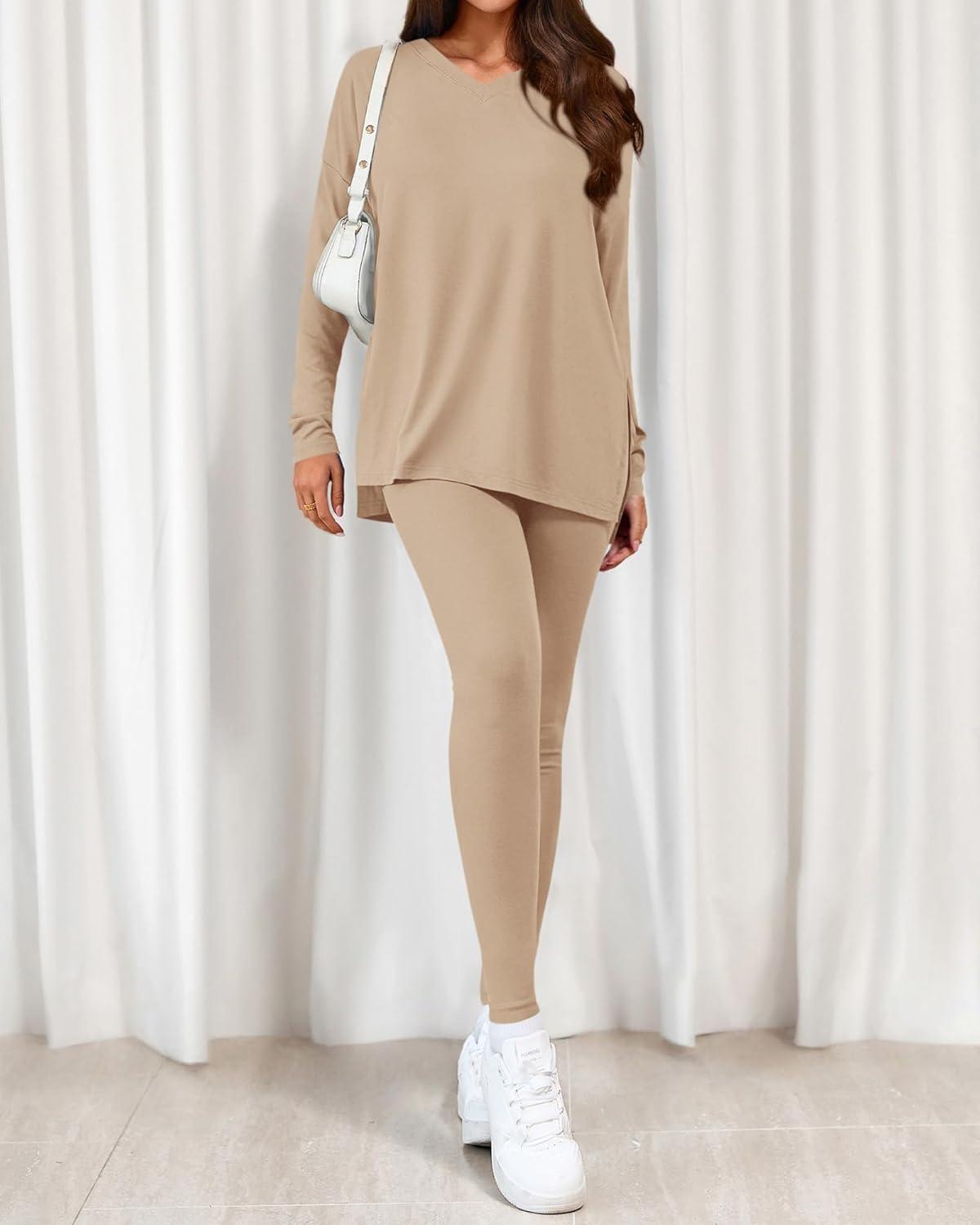 imageBTFBM Two Piece Sets for Women 2026 Casual Lounge Set Matching Oversized Shirts Leggings Workout Airport Travel OutfitsApricot