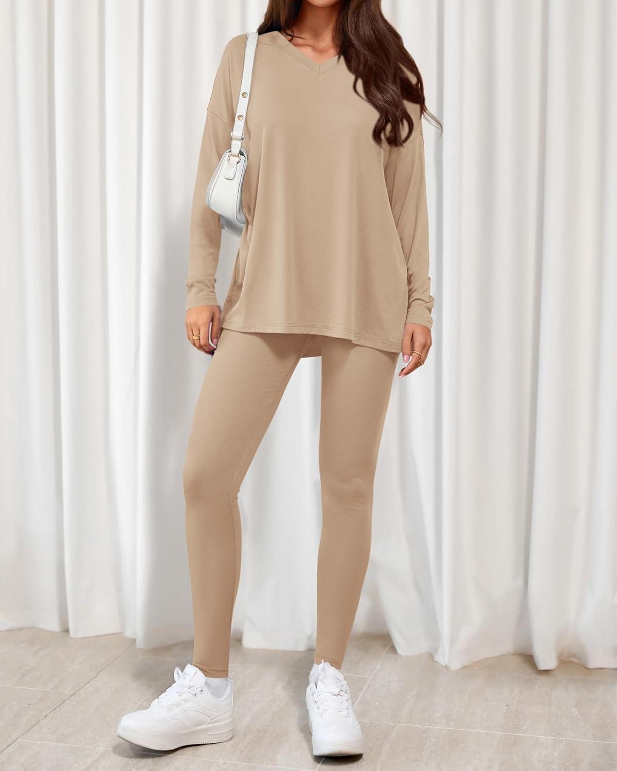 imageBTFBM Two Piece Sets for Women 2026 Casual Lounge Set Matching Oversized Shirts Leggings Workout Airport Travel OutfitsApricot