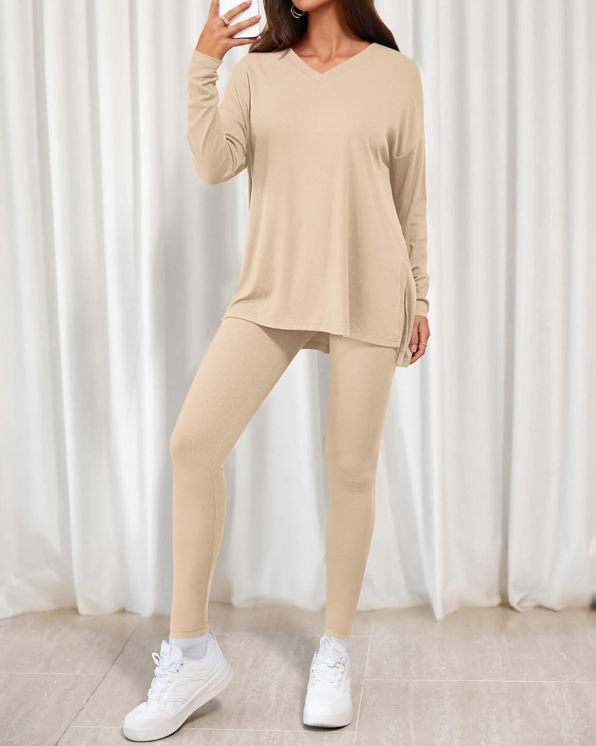 imageBTFBM Two Piece Sets for Women 2026 Casual Lounge Set Matching Oversized Shirts Leggings Workout Airport Travel OutfitsBeige