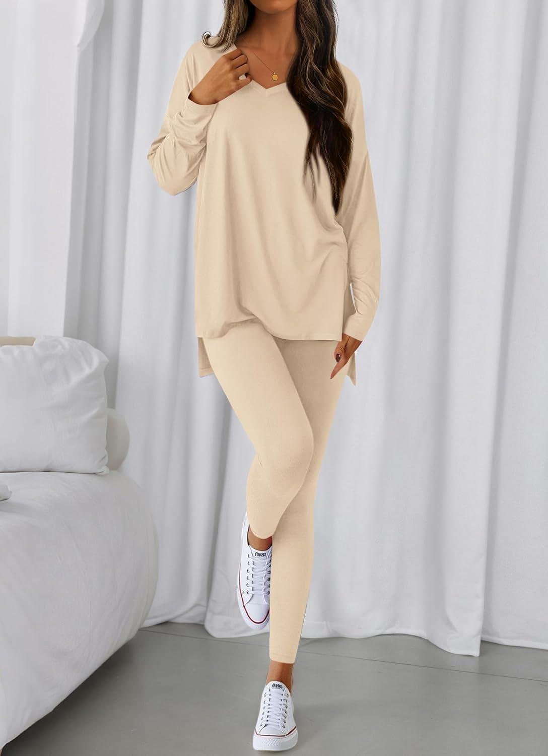 imageBTFBM Two Piece Sets for Women 2026 Casual Lounge Set Matching Oversized Shirts Leggings Workout Airport Travel OutfitsBeige