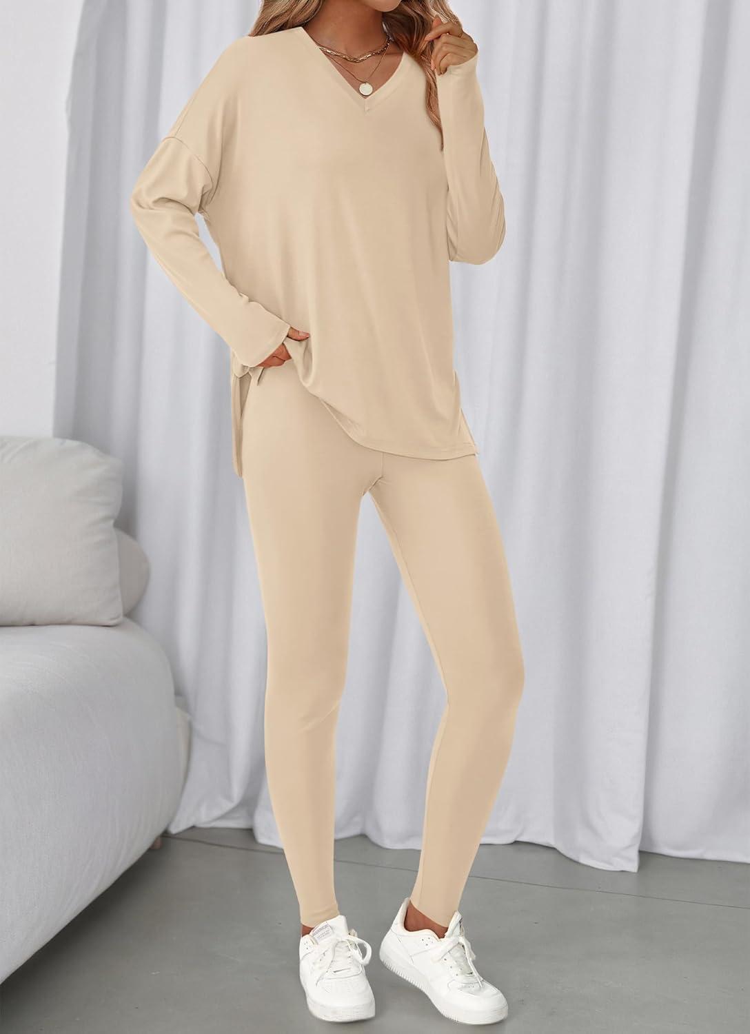 imageBTFBM Two Piece Sets for Women 2026 Casual Lounge Set Matching Oversized Shirts Leggings Workout Airport Travel OutfitsBeige