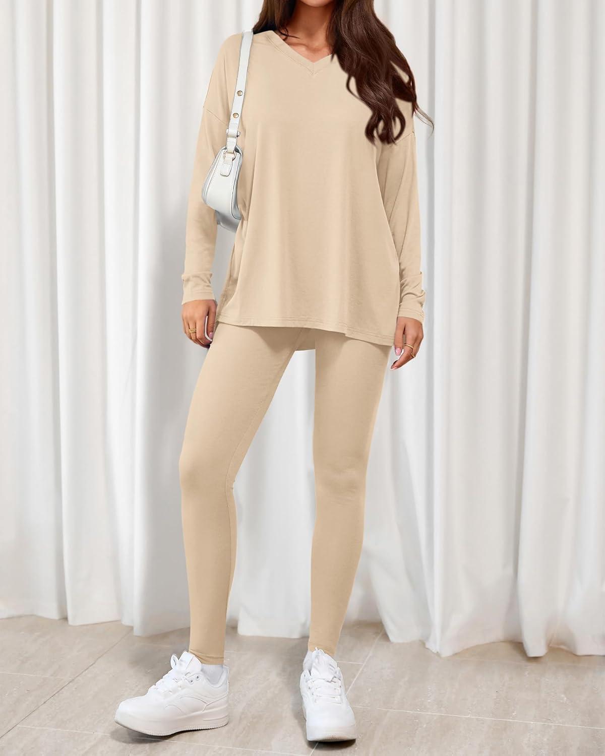 imageBTFBM Two Piece Sets for Women 2026 Casual Lounge Set Matching Oversized Shirts Leggings Workout Airport Travel OutfitsBeige